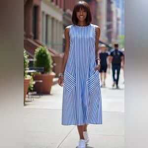 ✨103- Elegant Brighter Blue and White Striped Midi Dress